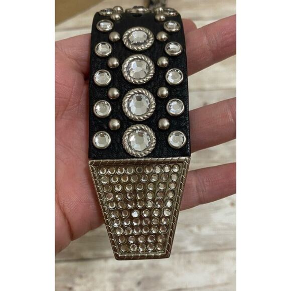 Genuine Italian Leather Belt Womens Size Large Rhinestones Silver Tone Hardware